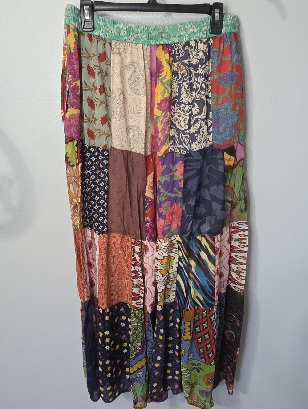 Young Threads Boho Patchwork Wide‑Leg Palazzo Pants XL Drawstring Pockets Flowy - Picture 3 of 14